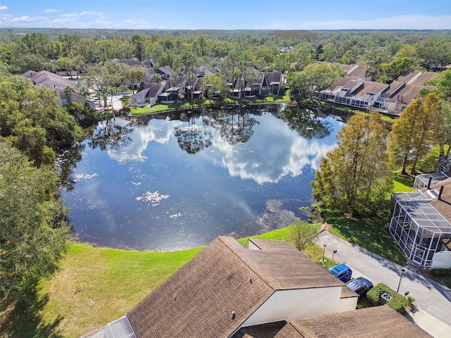 drone / aerial view featuring a water view