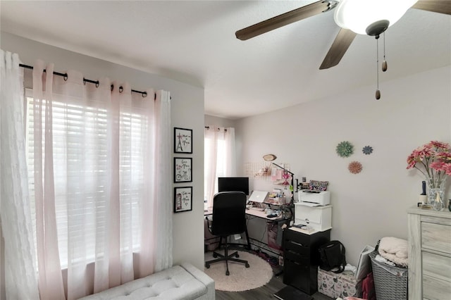 office space featuring hardwood / wood-style flooring and ceiling fan