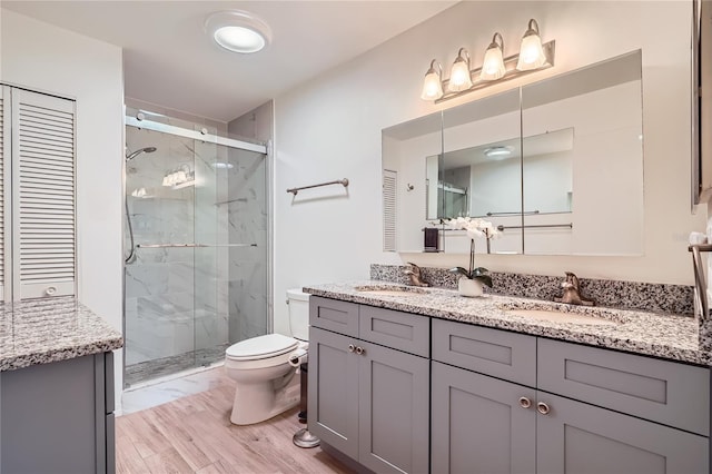 bathroom featuring toilet, vanity, wood-type flooring, and walk in shower