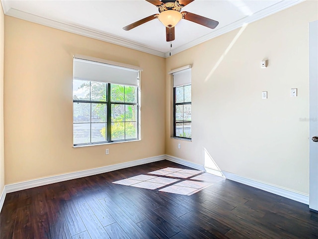 unfurnished room featuring dark hardwood / wood-style flooring, ceiling fan, and crown molding