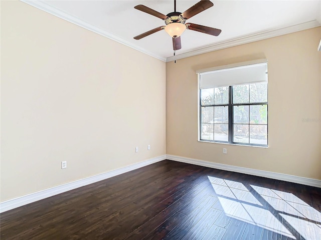 unfurnished room with ceiling fan, dark hardwood / wood-style floors, and crown molding