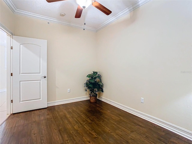 unfurnished room featuring ceiling fan, hardwood / wood-style flooring, and ornamental molding