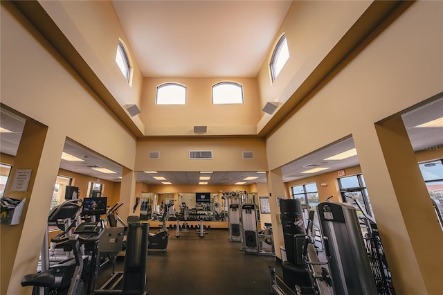 workout area featuring a high ceiling and plenty of natural light