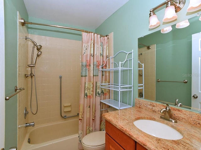 full bathroom with vanity, shower / bathtub combination with curtain, and toilet