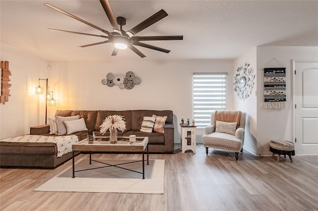 living room featuring ceiling fan, wood-type flooring, and a textured ceiling