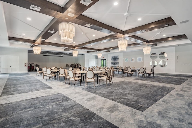 dining space with coffered ceiling, beam ceiling, and carpet floors