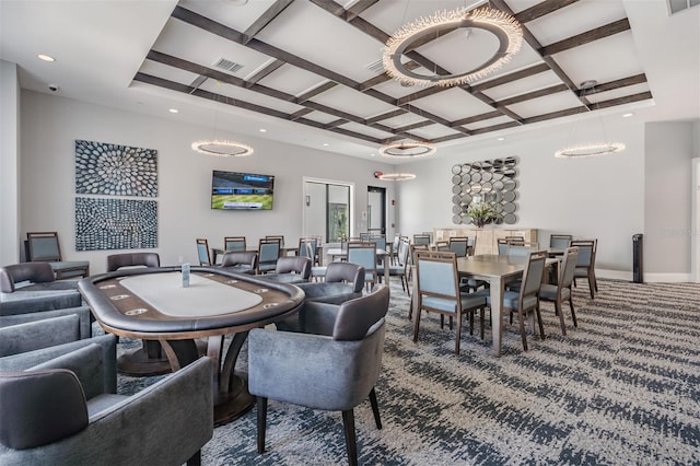 dining room featuring coffered ceiling, beam ceiling, and carpet floors