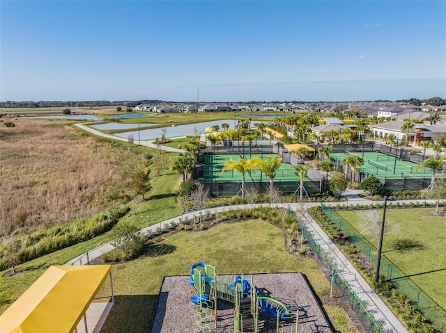 drone / aerial view featuring a water view