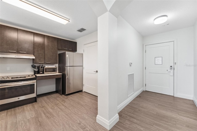 kitchen featuring dark brown cabinetry, stainless steel appliances, and light hardwood / wood-style floors