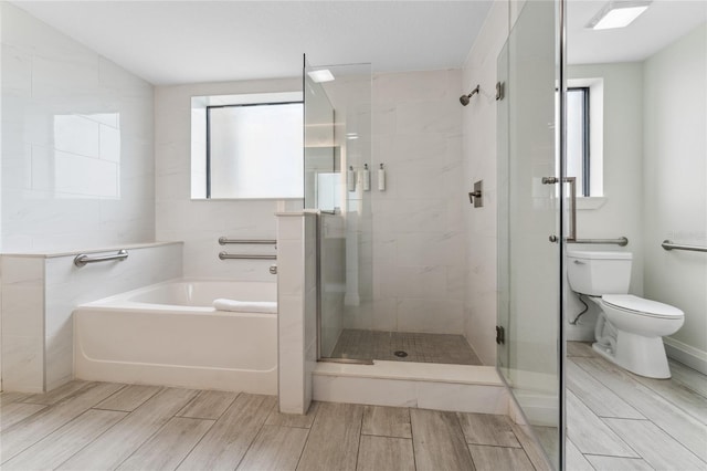 bathroom with a wealth of natural light, toilet, and separate shower and tub