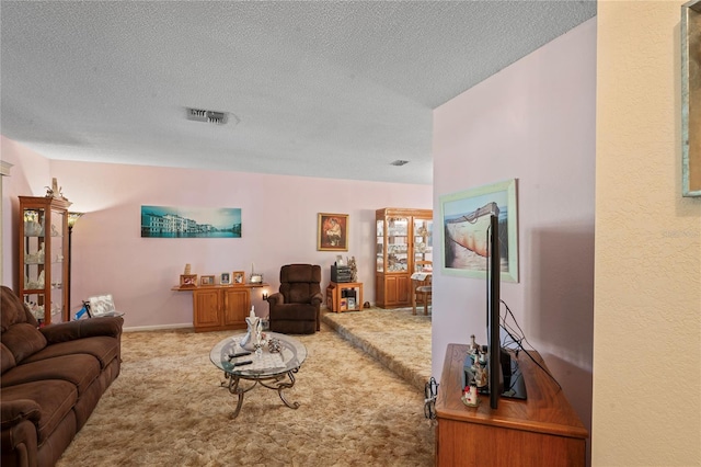 carpeted living room with a textured ceiling