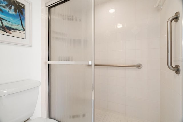 bathroom featuring a stall shower and toilet