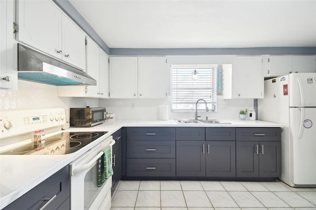 7511 Tyson Dr, Port Richey, FL 34668 - kitchen featuring white appliances, under cabinet range hood, a sink, white cabinets, and light countertops