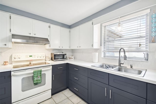 kitchen featuring white cabinets, sink, tasteful backsplash, white electric range, and decorative light fixtures