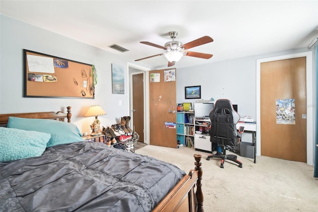 carpeted bedroom featuring ceiling fan