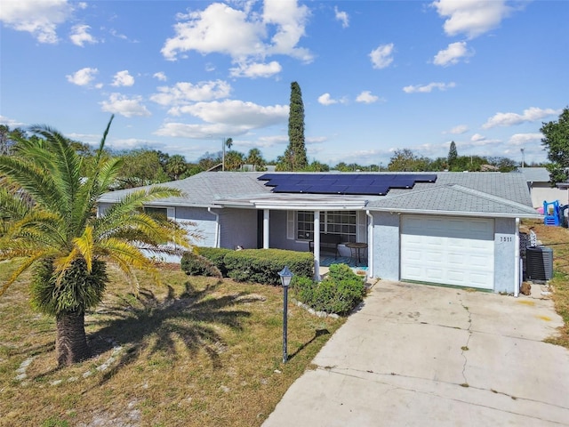 7511 Tyson Dr, Port Richey, FL 34668 - single story home with a garage, solar panels, covered porch, concrete driveway, and stucco siding