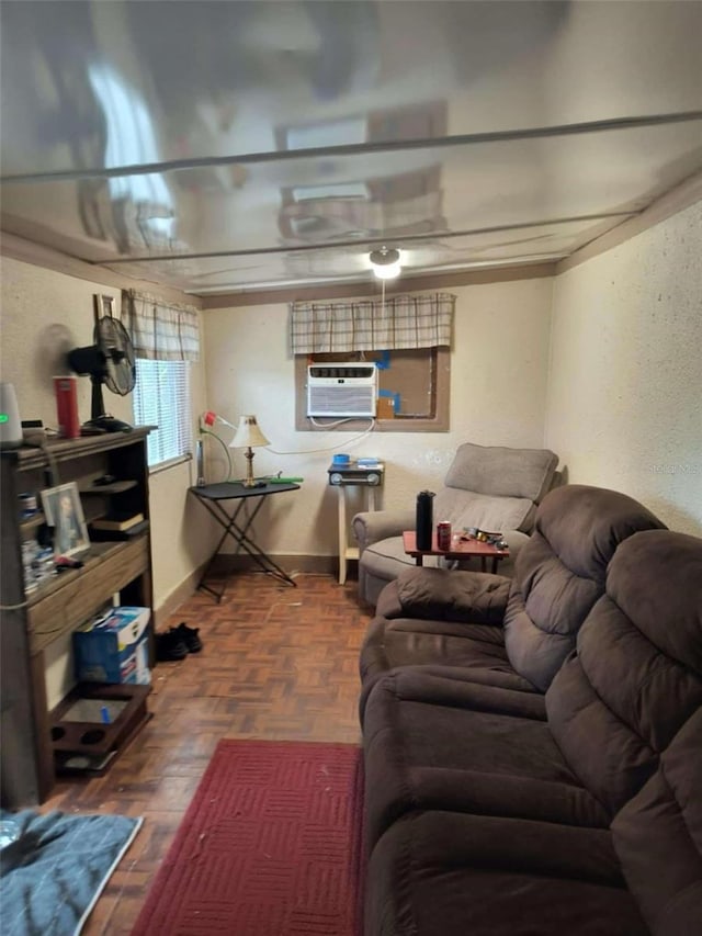 living room featuring cooling unit and dark parquet flooring