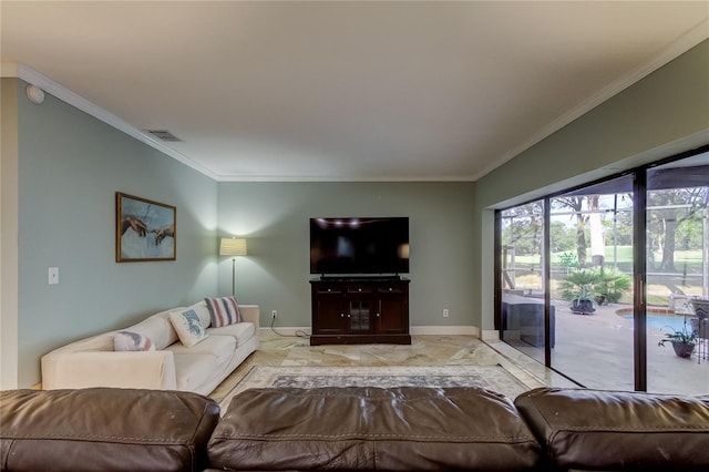 living room with crown molding