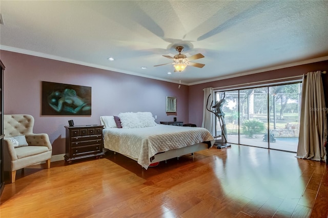 bedroom with access to outside, ceiling fan, light hardwood / wood-style floors, and crown molding