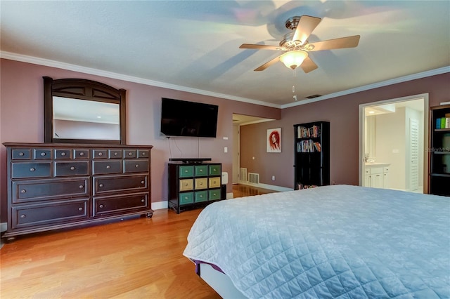 bedroom with ensuite bathroom, ornamental molding, ceiling fan, and light hardwood / wood-style flooring