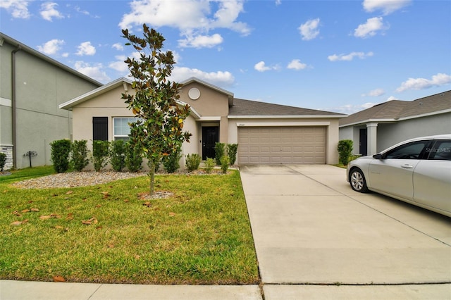 ranch-style home with a garage and a front yard