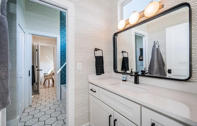 bathroom with vanity and tile patterned flooring