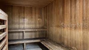 view of sauna / steam room with wood walls and wooden ceiling