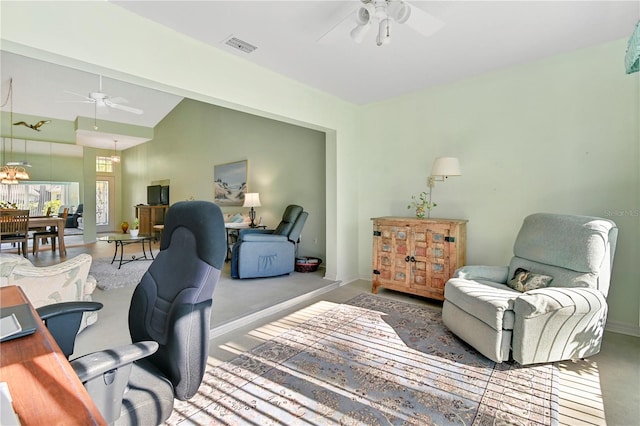 office featuring vaulted ceiling and ceiling fan