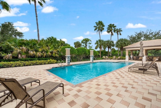 view of swimming pool with a patio