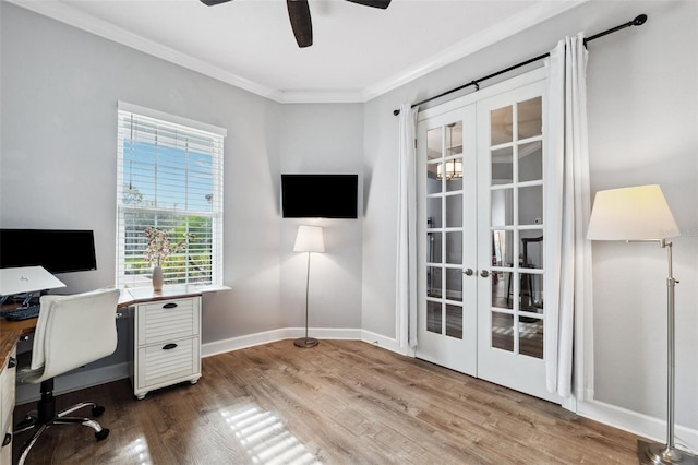 office featuring french doors, ceiling fan, ornamental molding, and hardwood / wood-style floors