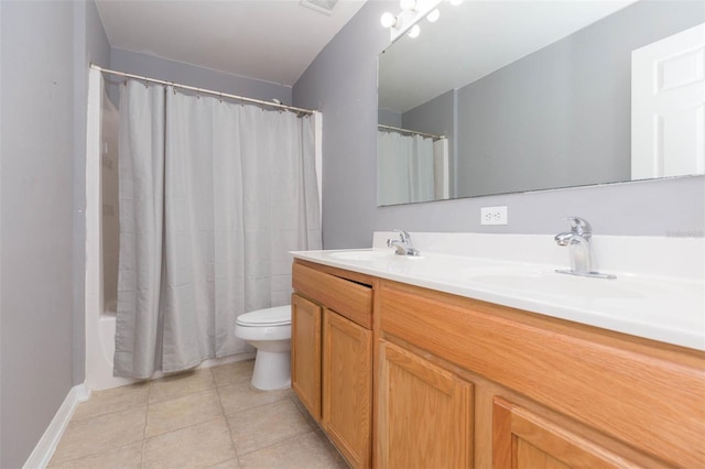 full bathroom with vanity, toilet, and shower / bathtub combination with curtain