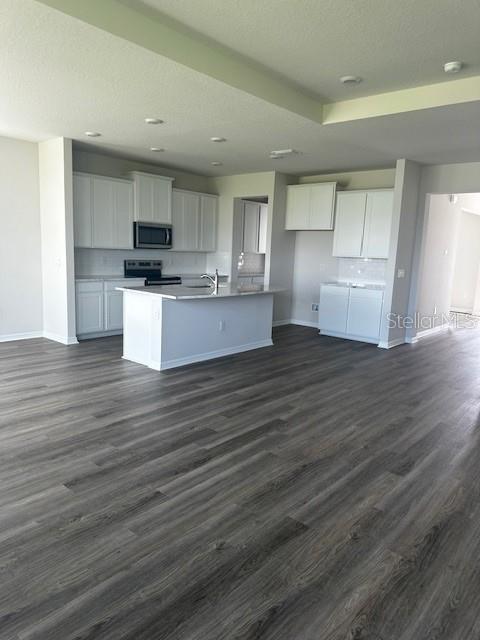 16021 7th Ave E, Bradenton, FL 34212 - kitchen featuring appliances with stainless steel finishes, baseboards, white cabinets, dark wood finished floors, and a textured ceiling