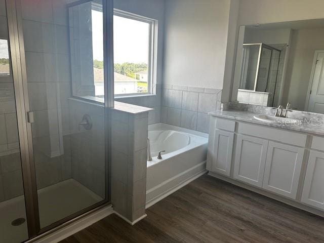 16021 7th Ave E, Bradenton, FL 34212 - bathroom with vanity, a garden tub, a stall shower, and wood finished floors