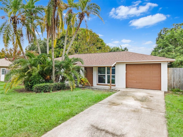 single story home featuring a front lawn and a garage