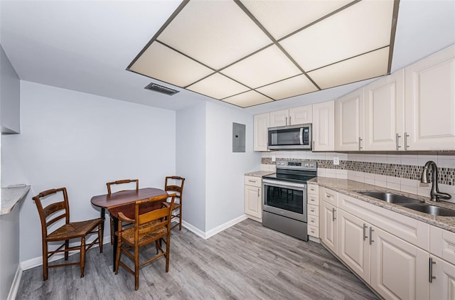 kitchen with white cabinetry, light wood-type flooring, and appliances with stainless steel finishes