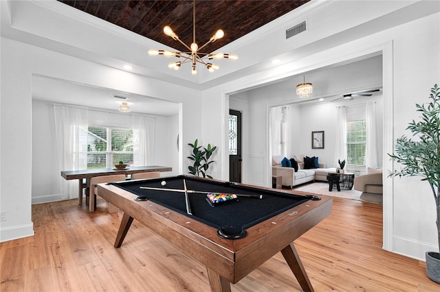 rec room with wooden ceiling, a notable chandelier, light wood-type flooring, and billiards