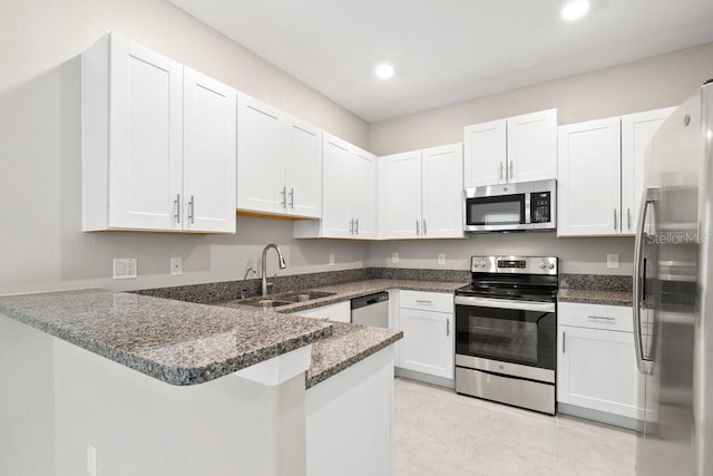 kitchen featuring white cabinetry, sink, kitchen peninsula, appliances with stainless steel finishes, and dark stone countertops