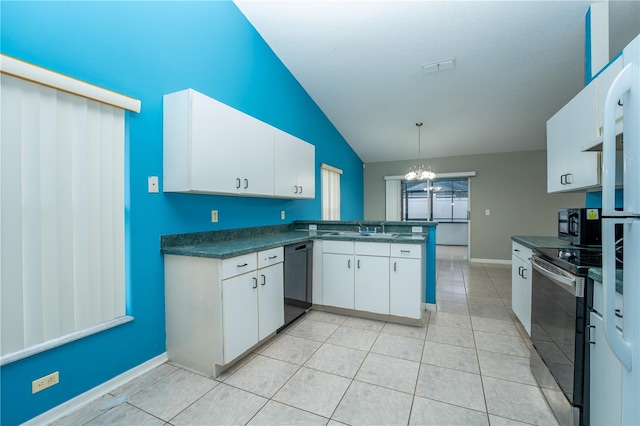 kitchen featuring lofted ceiling, white cabinets, kitchen peninsula, dishwasher, and stainless steel electric stove