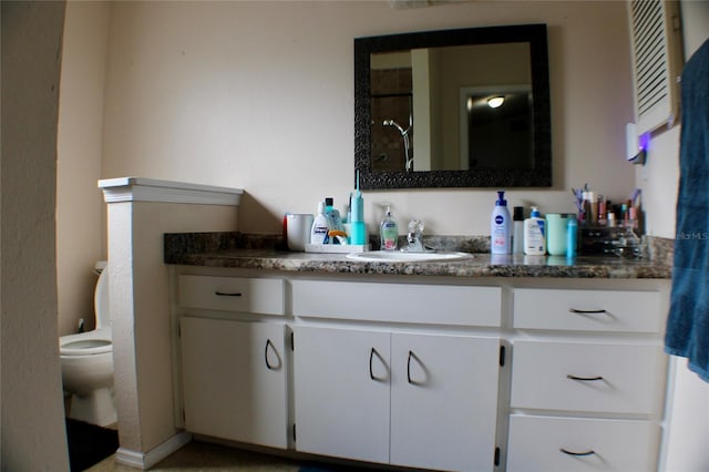 bathroom featuring a shower, vanity, and toilet