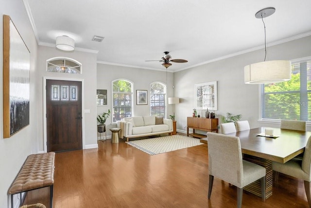 dining room featuring radiator, plenty of natural light, wood-type flooring, and ornamental molding