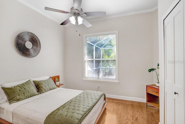 bedroom with a closet, light hardwood / wood-style flooring, ceiling fan, and ornamental molding