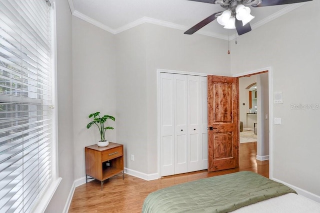 bedroom featuring ceiling fan, a closet, wood-type flooring, and ornamental molding