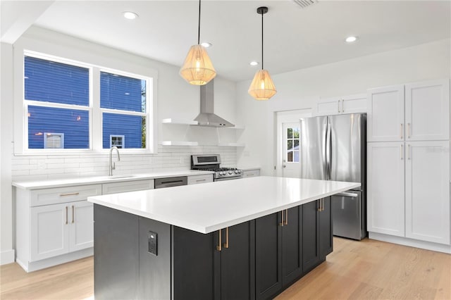 kitchen featuring white cabinets, stainless steel appliances, a kitchen island, and backsplash