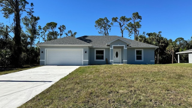 single story home featuring a front yard and a garage