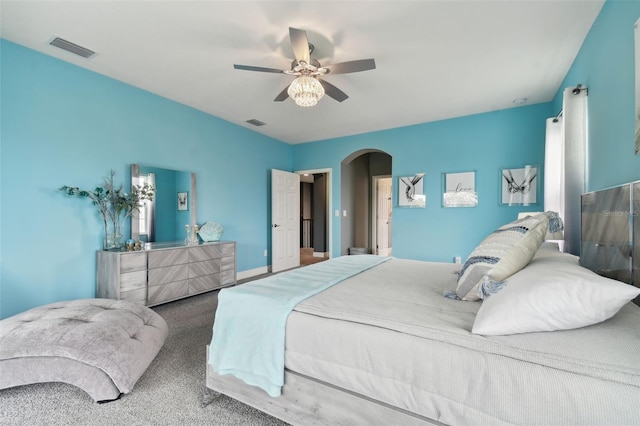 bedroom featuring ceiling fan and carpet floors