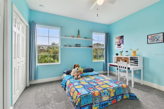 bedroom with carpet flooring, ceiling fan, and a closet