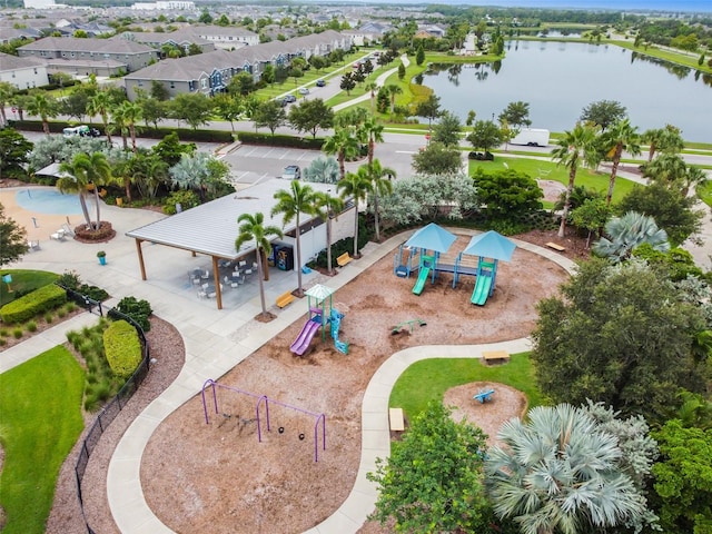 bird's eye view with a water view