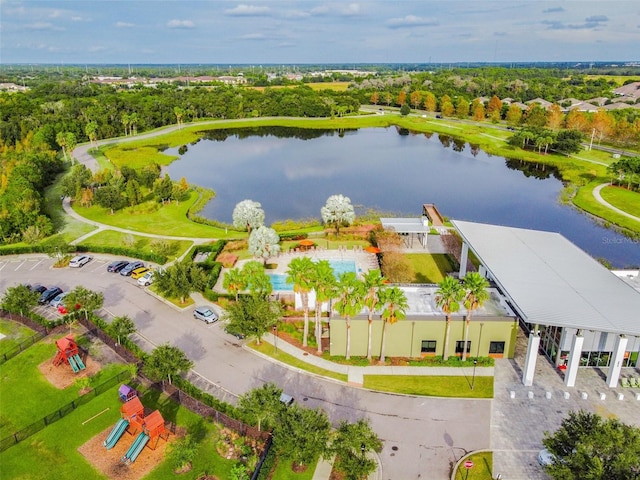 birds eye view of property featuring a water view