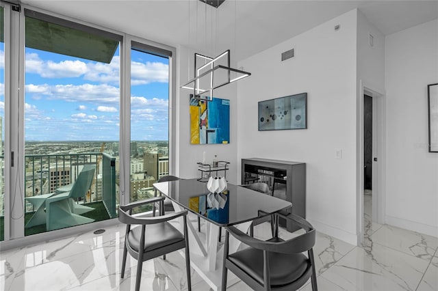 dining space with expansive windows