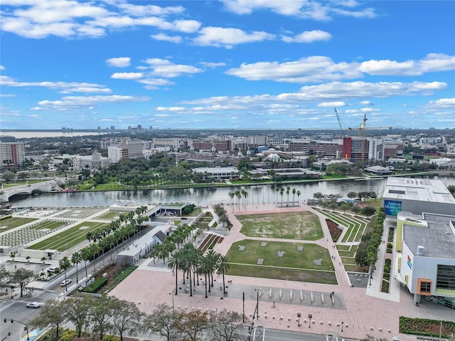 birds eye view of property featuring a water view